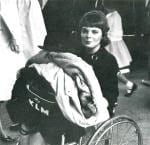 Sue in wheelchair, black and white photo