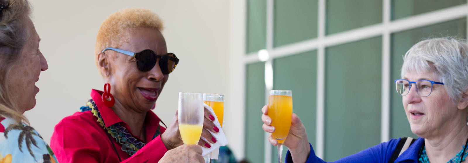 Women toasting one another at an outdoor brunch
