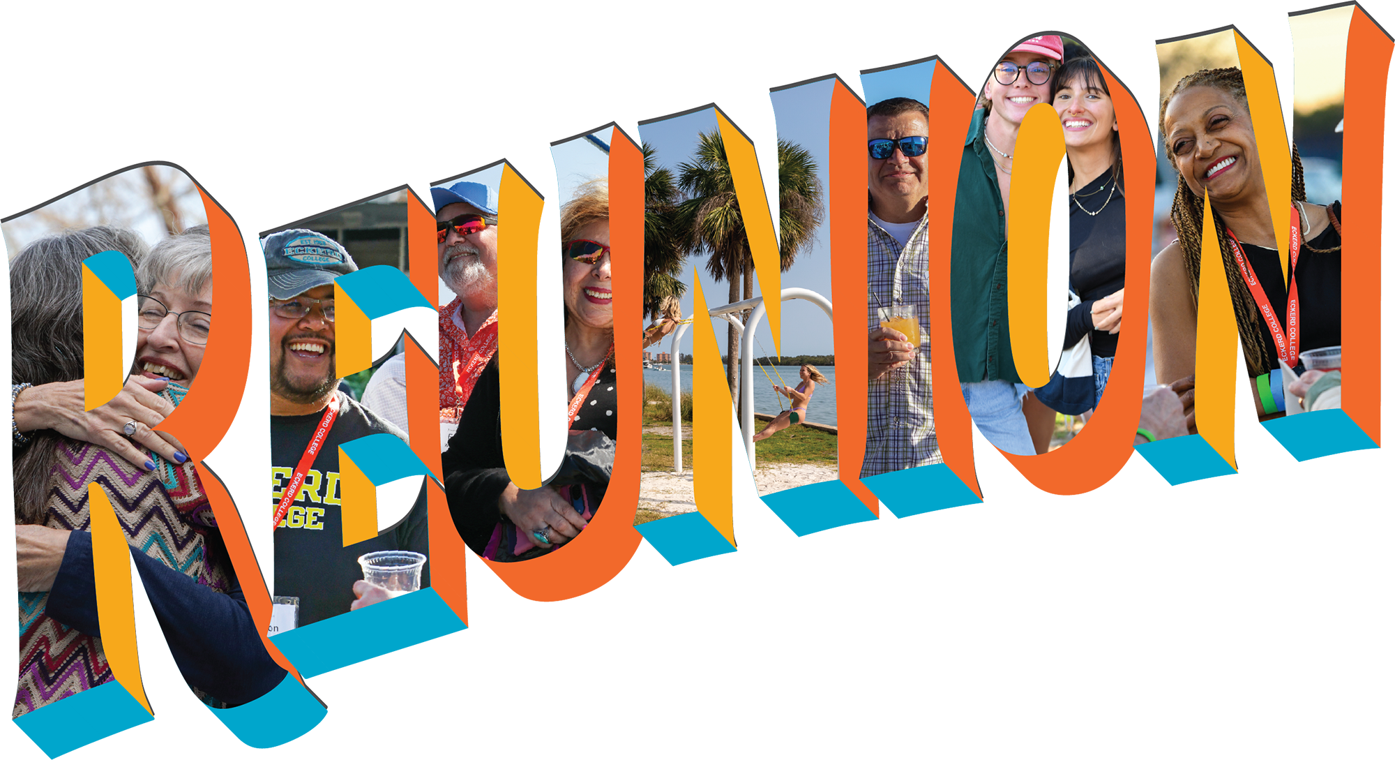 Reunion 2026 logo image with vintage postcard-style lettering filled with images from reunions past