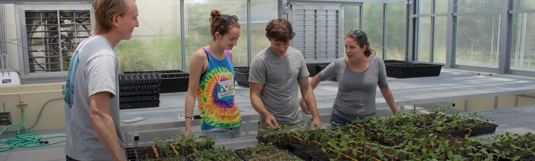Students with Professor Conrad in James Center greenhouses