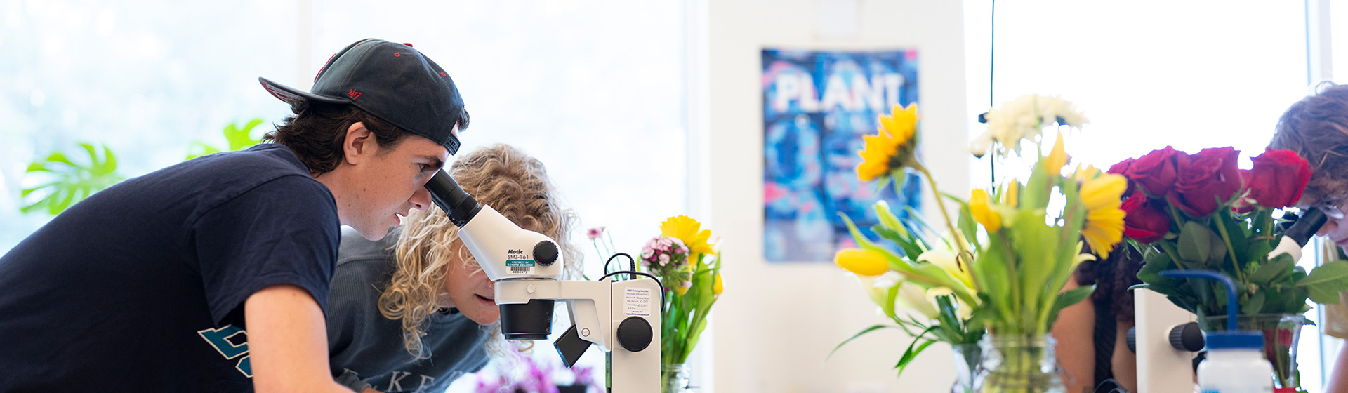 A student with hat on backwards looks into a microscope on a lab table with flowers on them