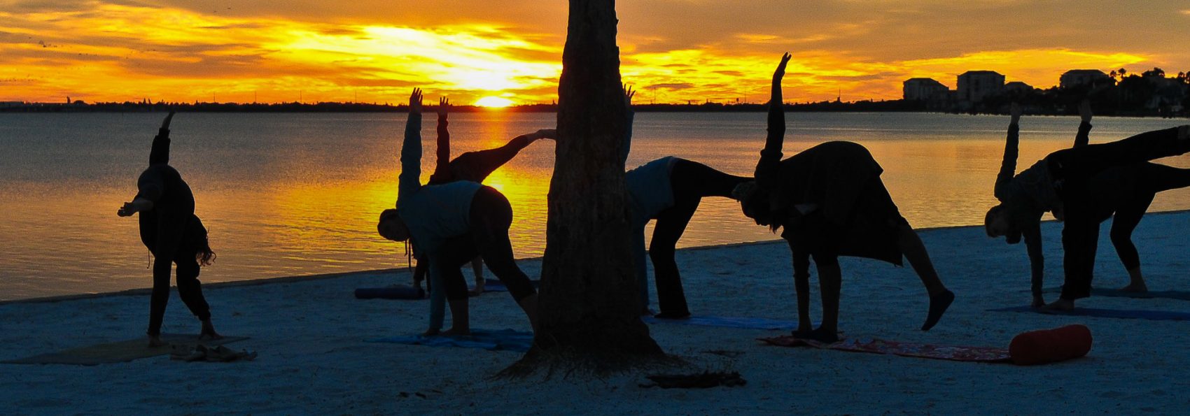 Silhouettes of students doing yoga at South Beach during a sunset