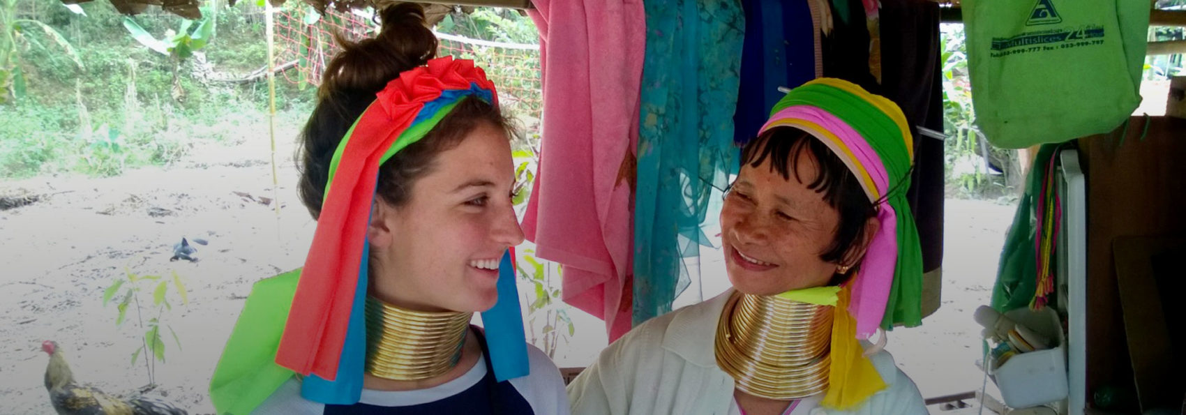 Melany Johnson '15 with a woman of the Long Neck Hill Tribe while on a Winter Term trip to Thailand, Vietnam and Cambodia