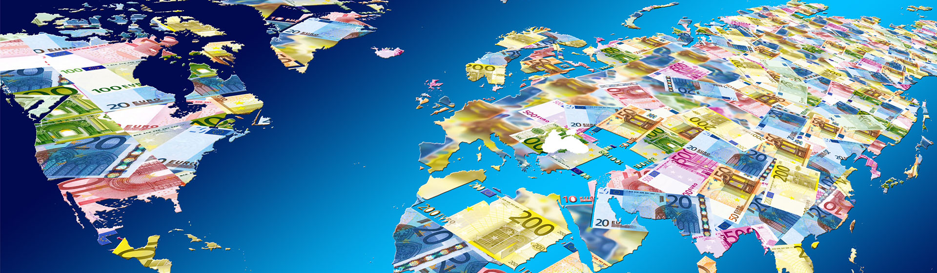 Stylized map of the world made from pictures of paper money from around the world