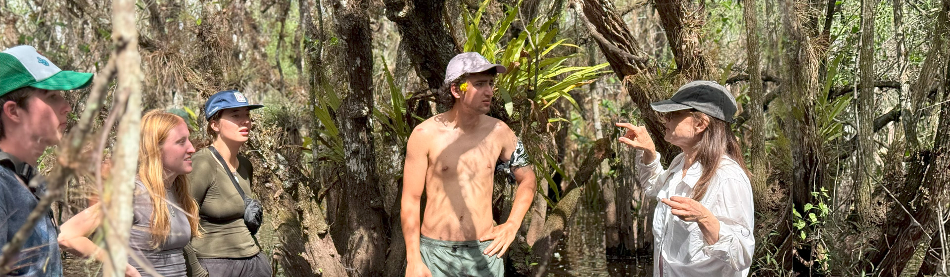 Professor stands in a swamp while lecturing to students