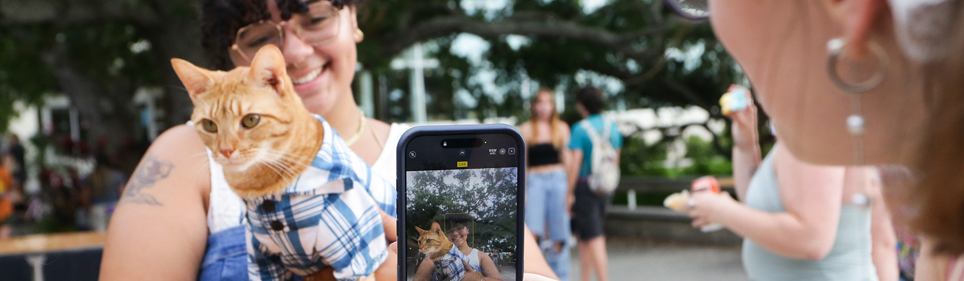 Student holding cat on a table dressed in clothes while another student snaps a picture of it on a cell phone