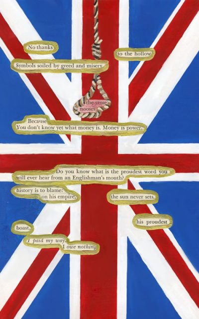 United Kingdom flag with poetry words overtop