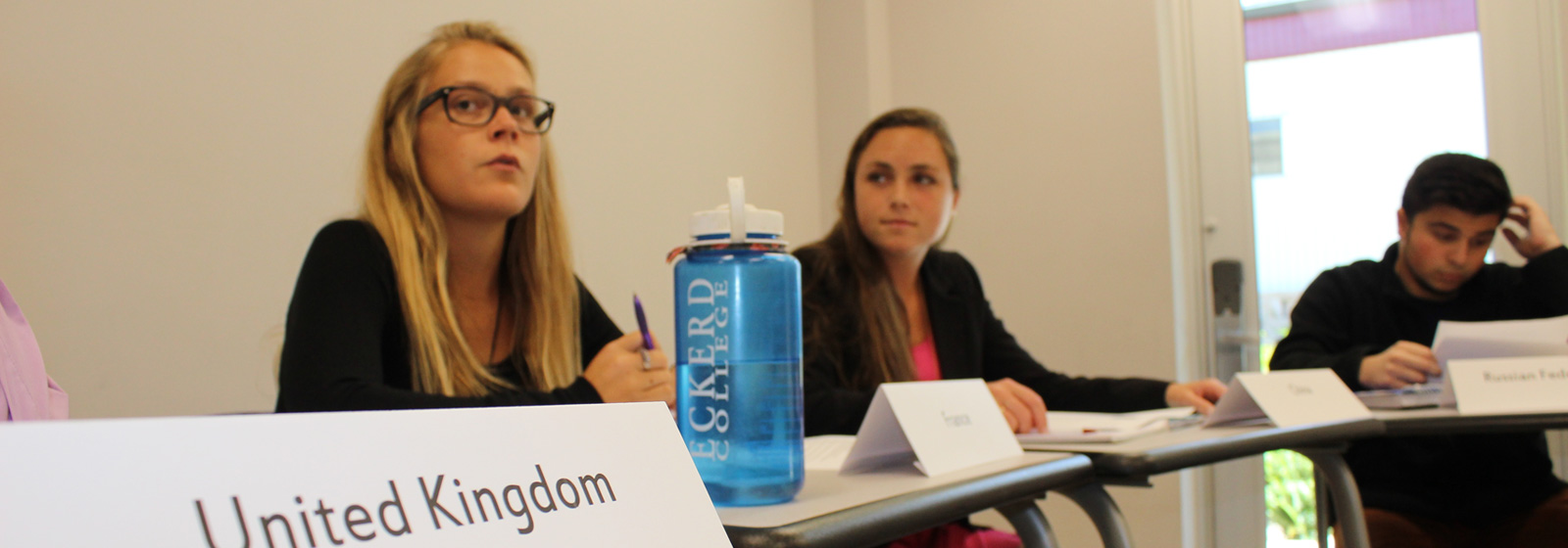 Students in International Relations and Global Affairs class conducting mock United Nations meeting