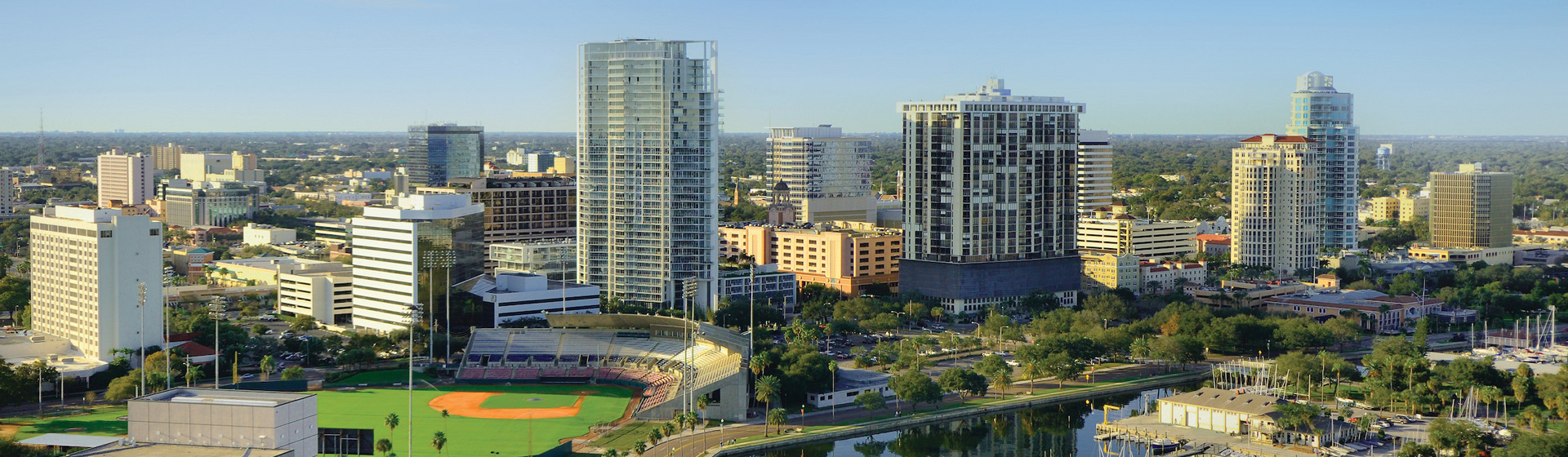 Skyline of the City of St. Petersburg showing tall buildings and a busy downtown