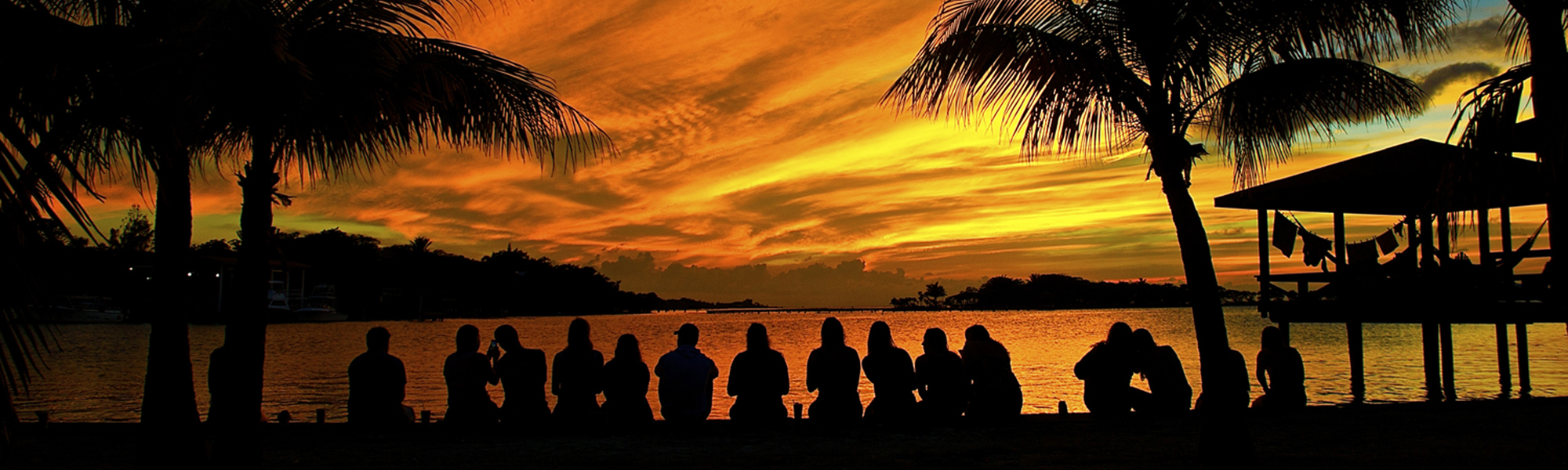 Silhouettes of students against sunset during a Winter Term trip