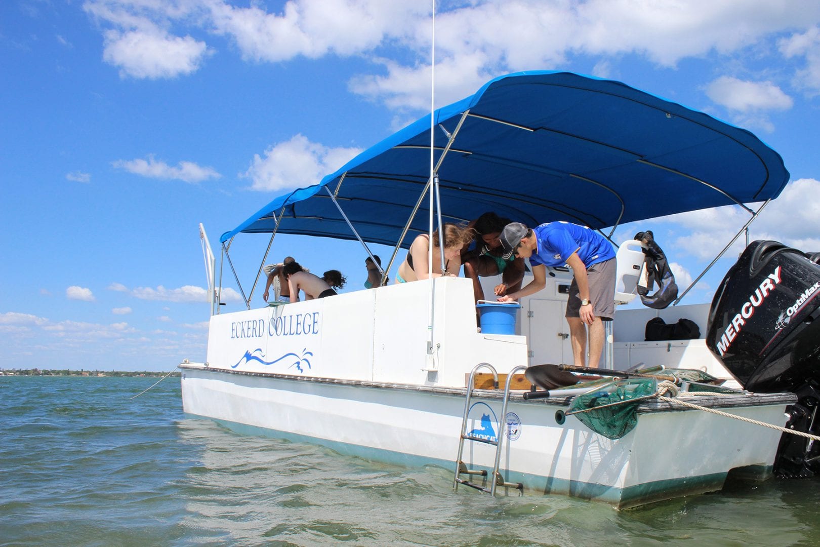 Students studying specimens aboard the Eckerd College catamaran