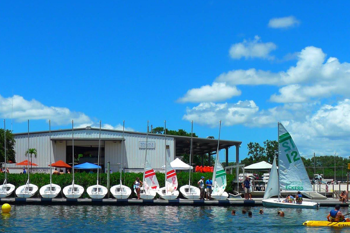 Eckerd College boathouse with boats and kayaks