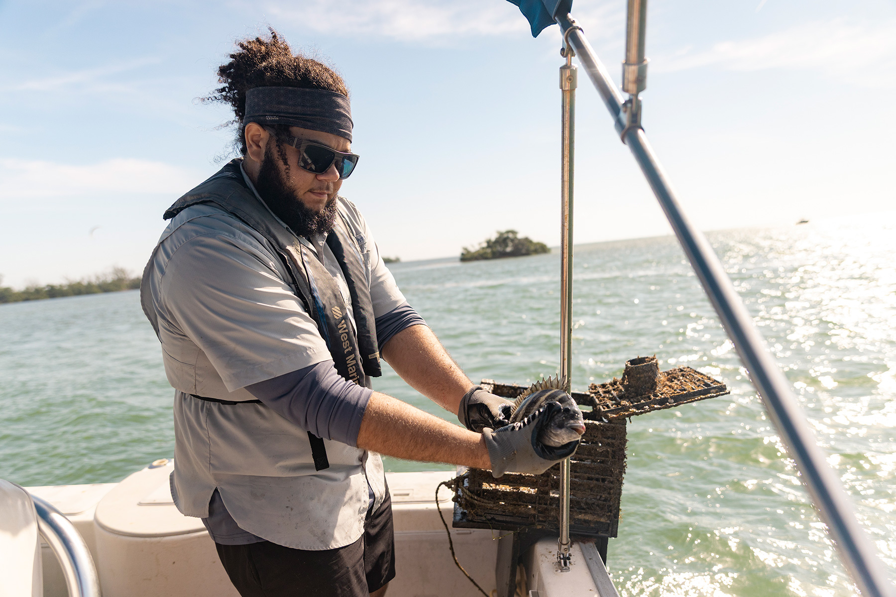 Student in sunglasses and gloves lifts a crab from the side of a boat