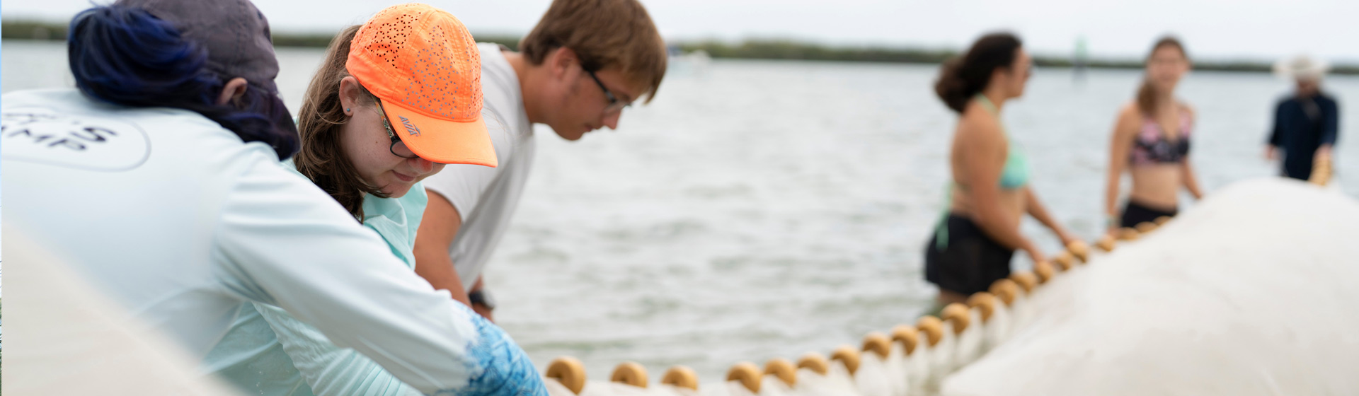 Marine science students wading in the water holding a long seine net in the water to catch specimens