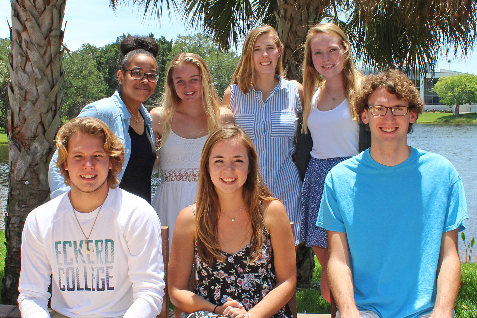 Hollings Scholars seated in front of Fox Pond