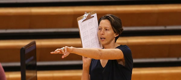 Michelle Piantadosi pointing out strategy to her players during a game