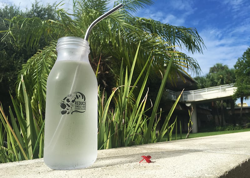 Metal straw in a reusable water bottle