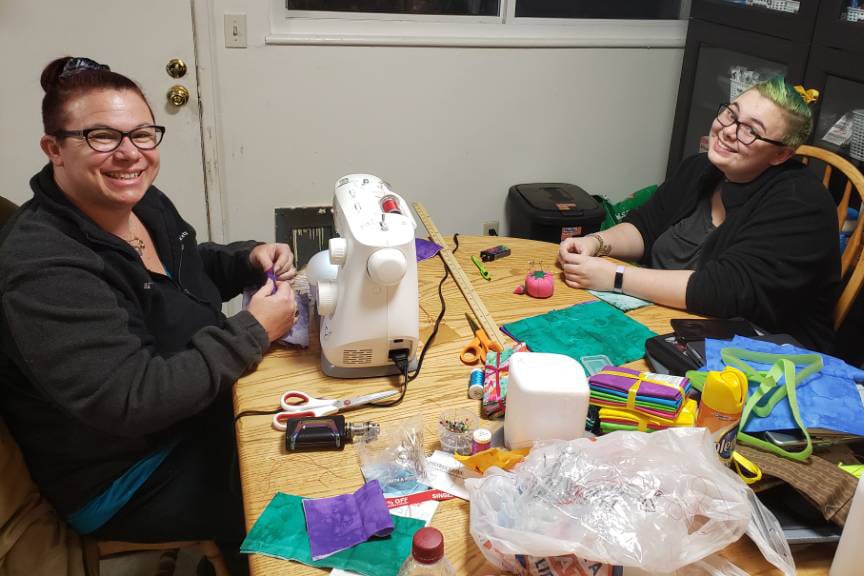 Morgan Colton and mom crafting masks from home