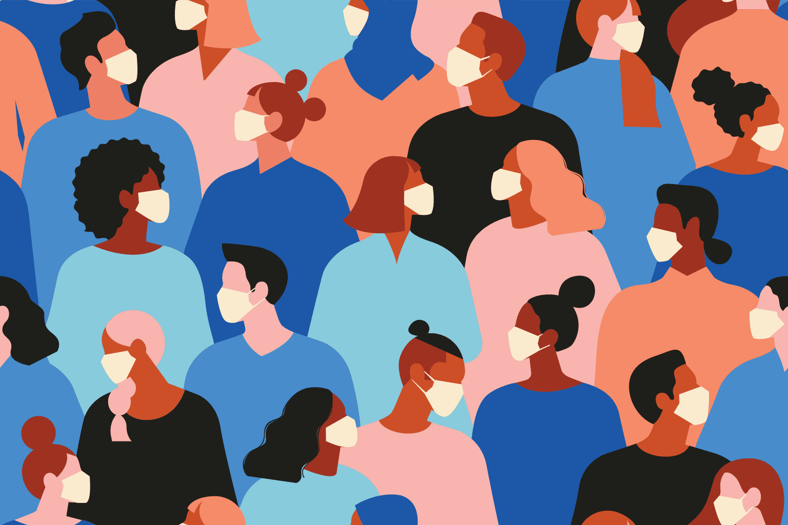 Stylized drawing of crowd of people wearing masks