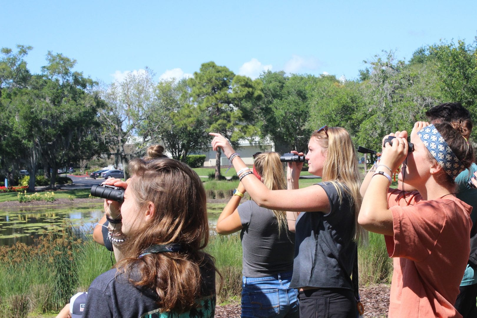 Students with binoculars watch an osprey in an Eckerd College environmental studies class