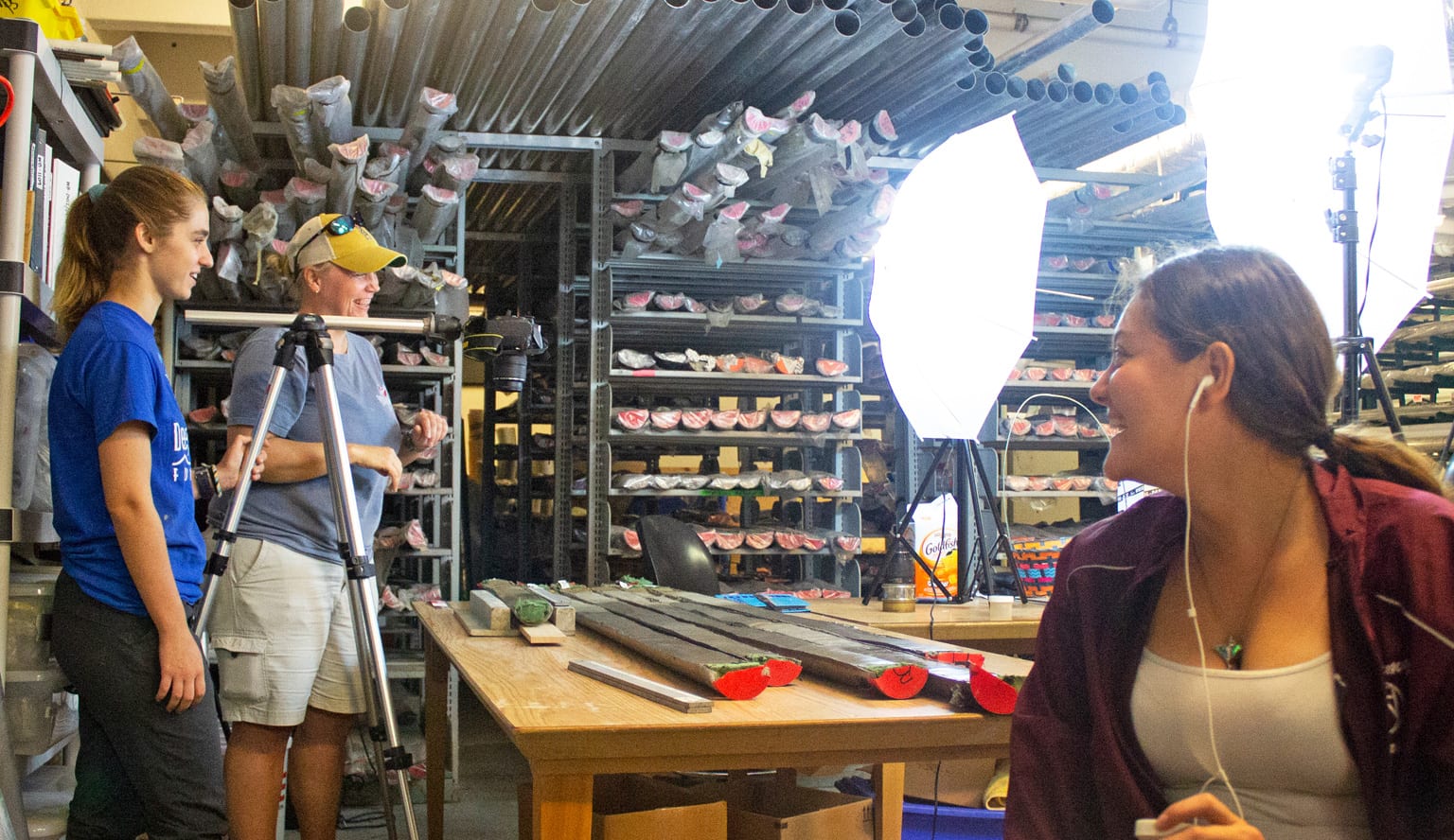 Researcher and students take hi-res photos of core samples