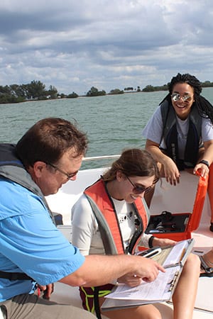 Professor on boat with Eckerd College students looking at dolphin observations