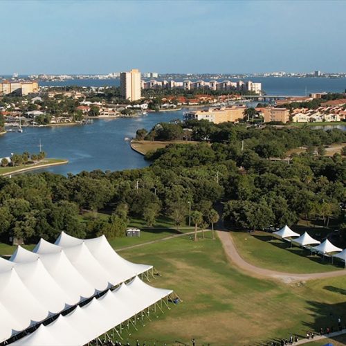 Aerial view of Eckerd College campus with St. Petersburg in the backround