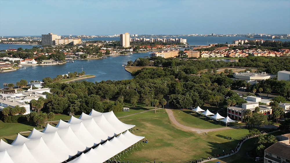 Aerial view of Eckerd College campus with St. Petersburg in the backround