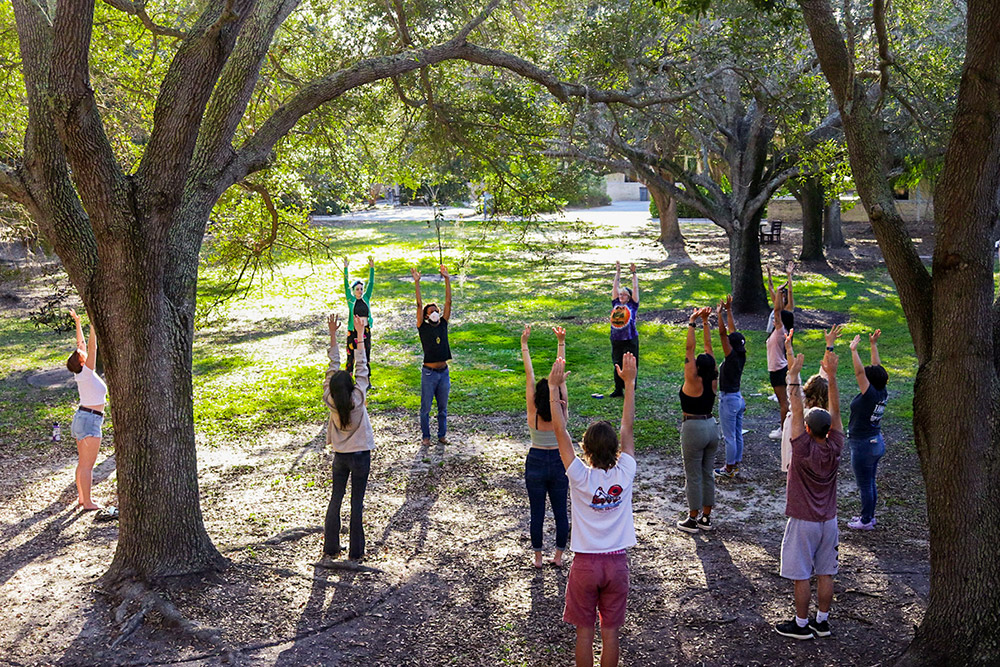 Students in quad raising hands during yoga session