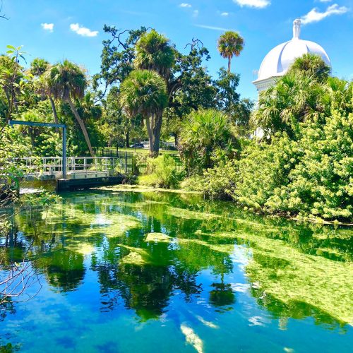 Colorful blue and green springs with gazebo roof in background