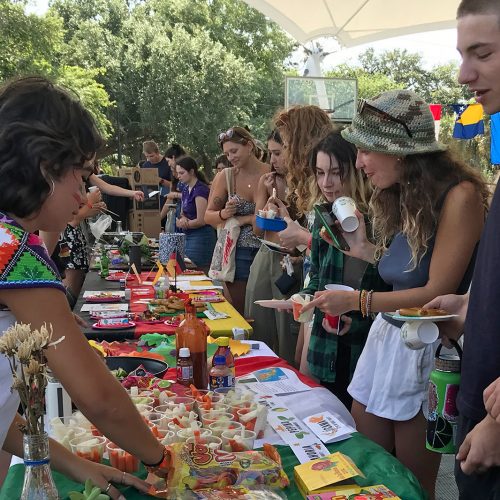 Students stand at tables full of colorful plates of food