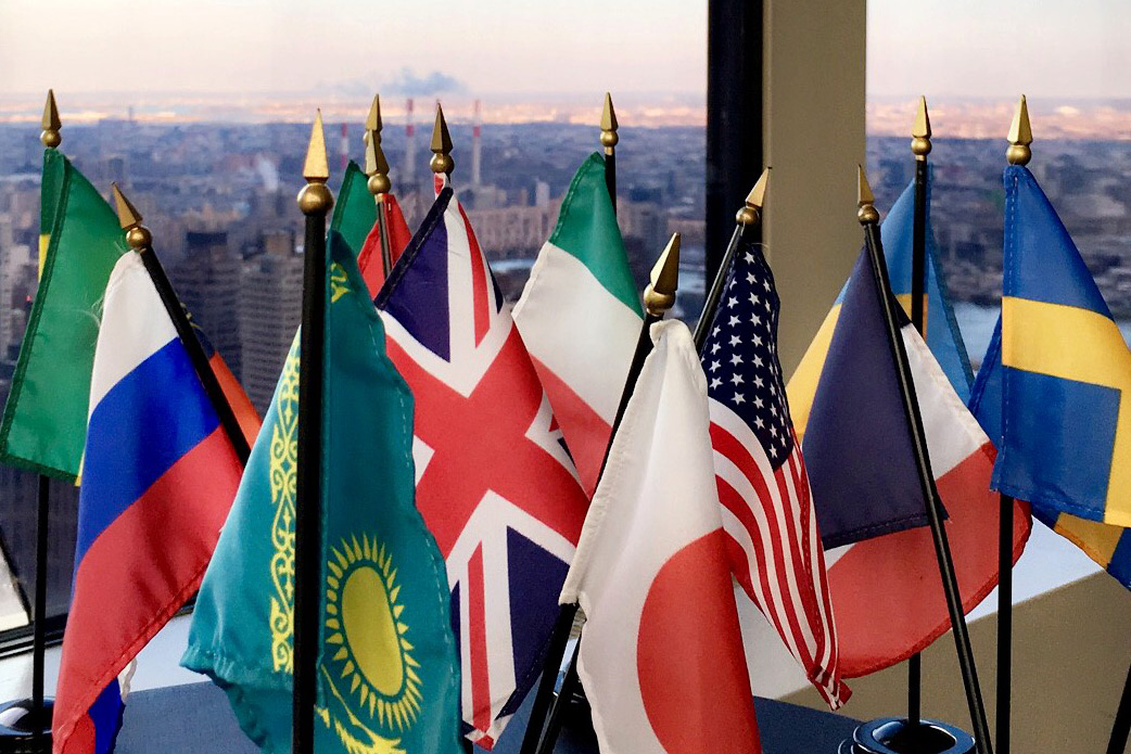 Nation flags on a desk at the United Nations