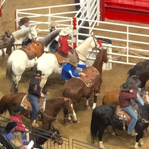 Men on horses waiting to enter the arena