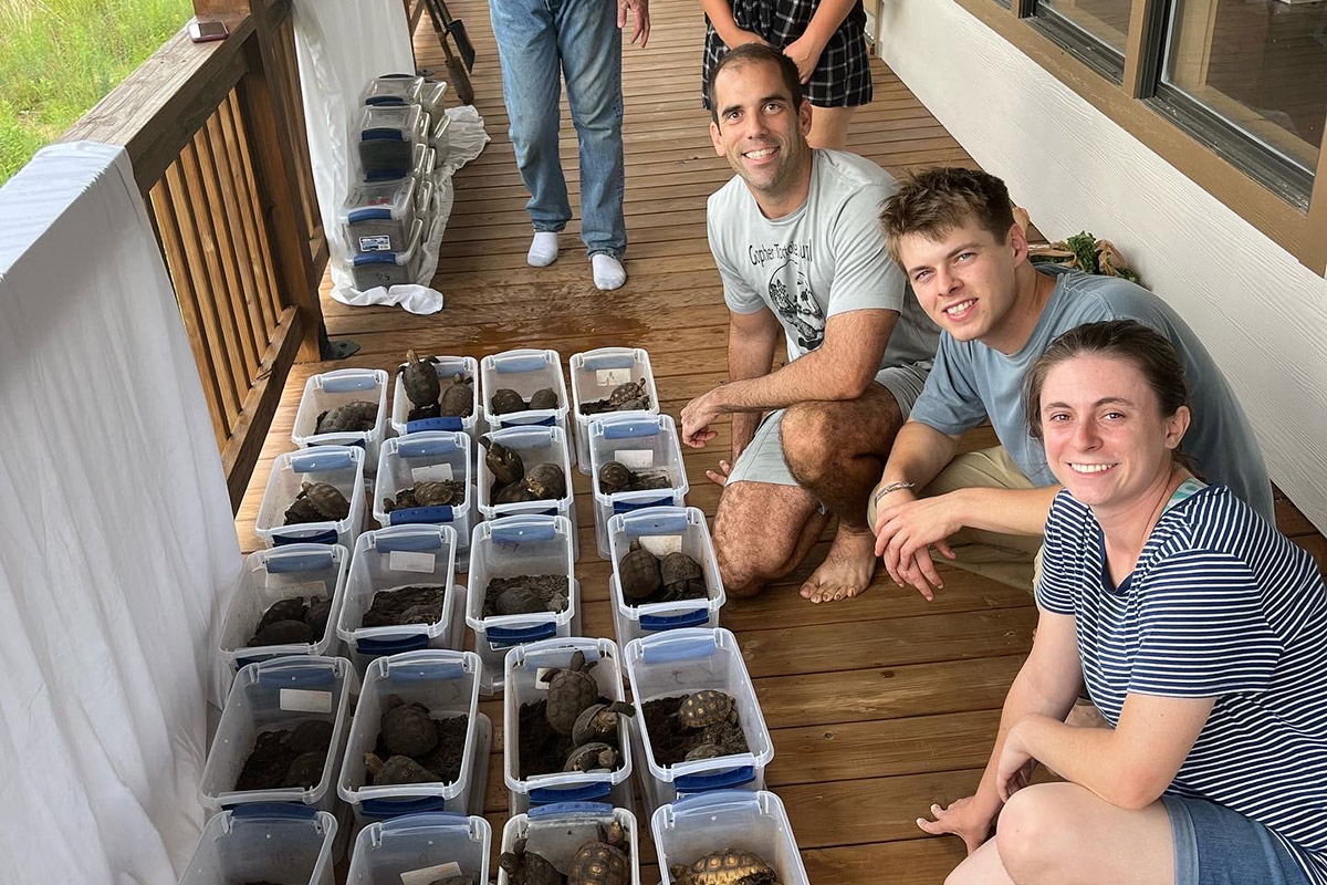 Professor and two students squatting next to 20 boxes of turtles
