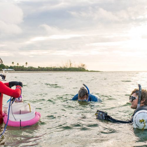 Professor and student in snorkeling gear in the bay