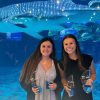 Two students hold trophies in front of whale shark in a tank behind them