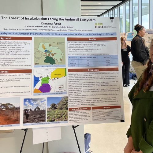 Student stands in front of research poster