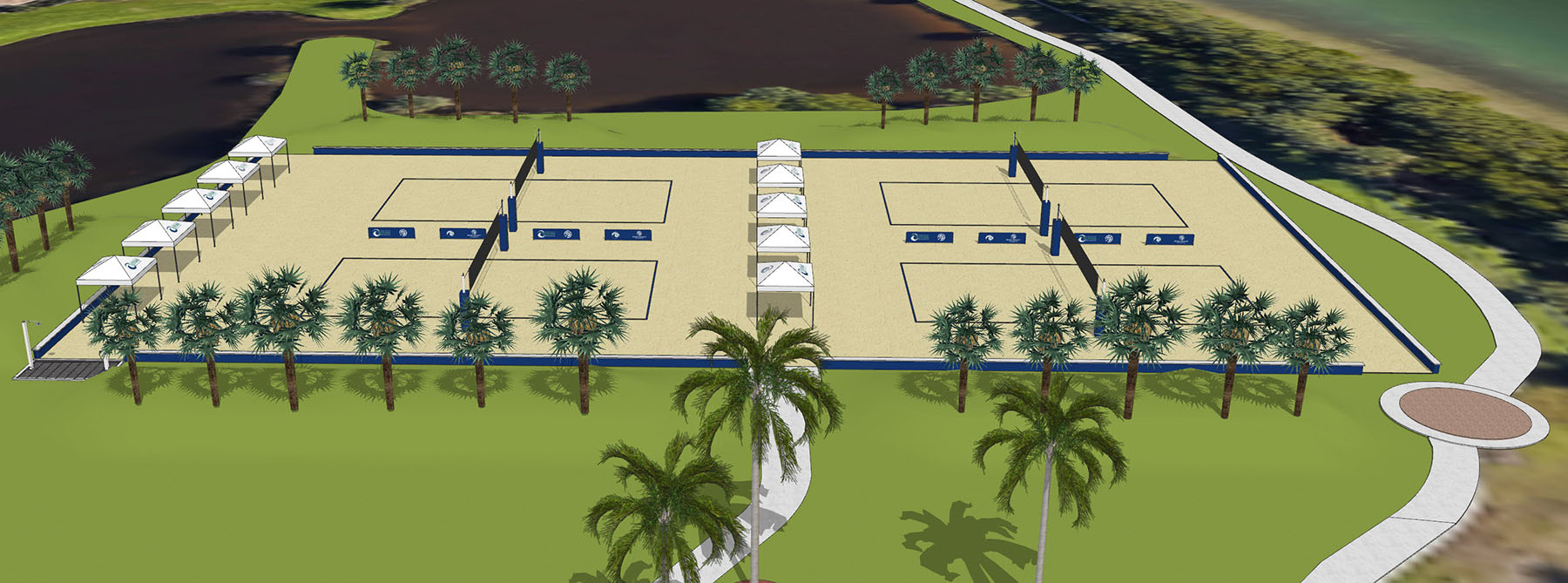 Computer rendering of four volleyball courts surrounded by palm trees and cabanas