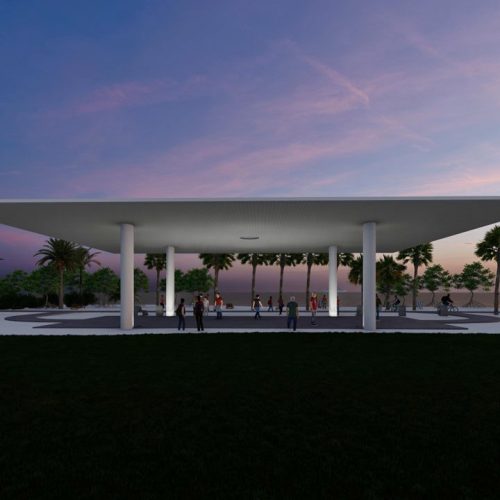 Computer rendering of a pavilion comprised of four columns and a roof that extends far out past the columns, located by the water
