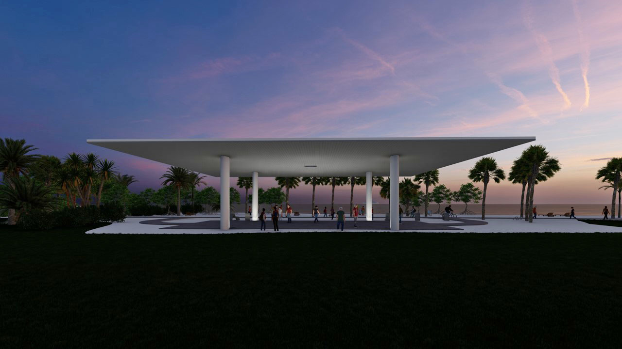 Computer rendering of a pavilion comprised of four columns and a roof that extends far out past the columns, located by the water