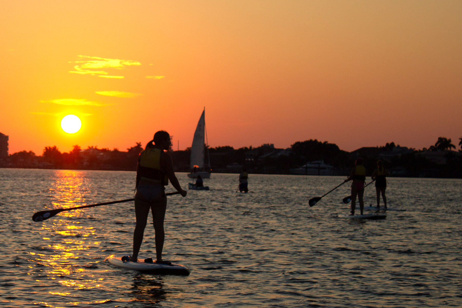 Paddleboarders and sailboat head out over the water towards an orange sunset