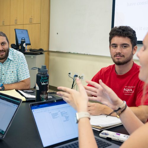 Professor seated at a table with two students who are in discussion with laptops out