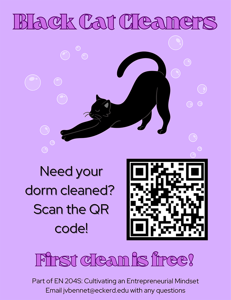 Poster that reads: Black Cat Cleaners, Need your dorm cleaned? Scan the QR code!