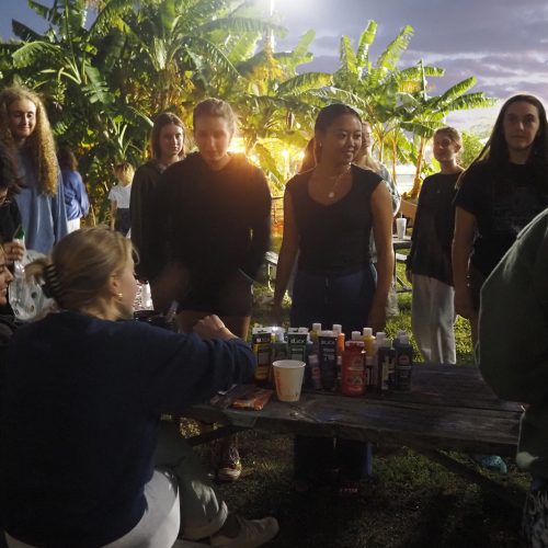 A group of students sitting and standing around a picnic table in the evening with banana trees in the background and paints on the table