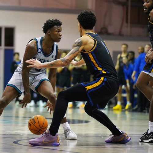 Basketball player dribbles ball between his legs