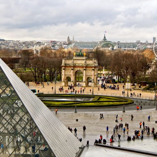 Wide angle view of the outside of the Louvre