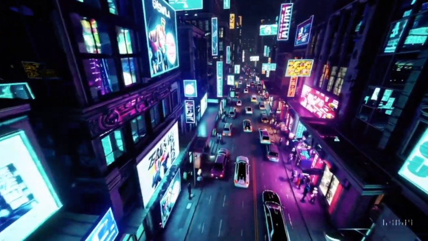 Scene from a video showing top-down view of city street at night