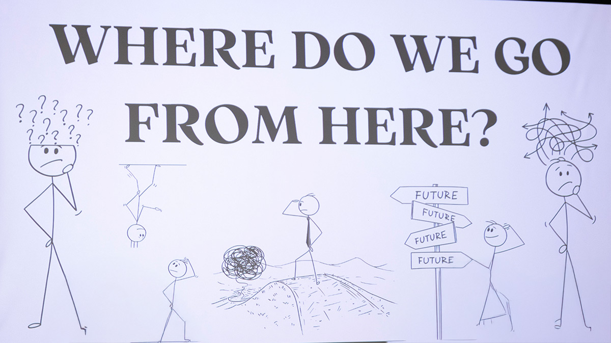 Display screen that reads Where Do We Go From Here? with stick figure drawings below the text