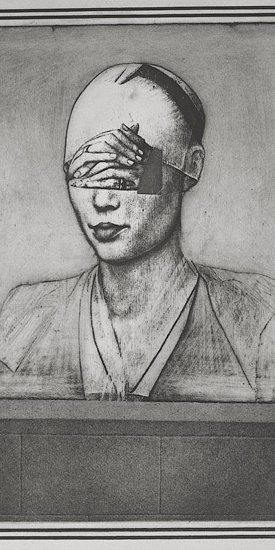 Black and white art showing bust of woman with hands folded across her eyes