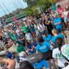 Large crowd watches as scientists move a manatee down a ramp into the water